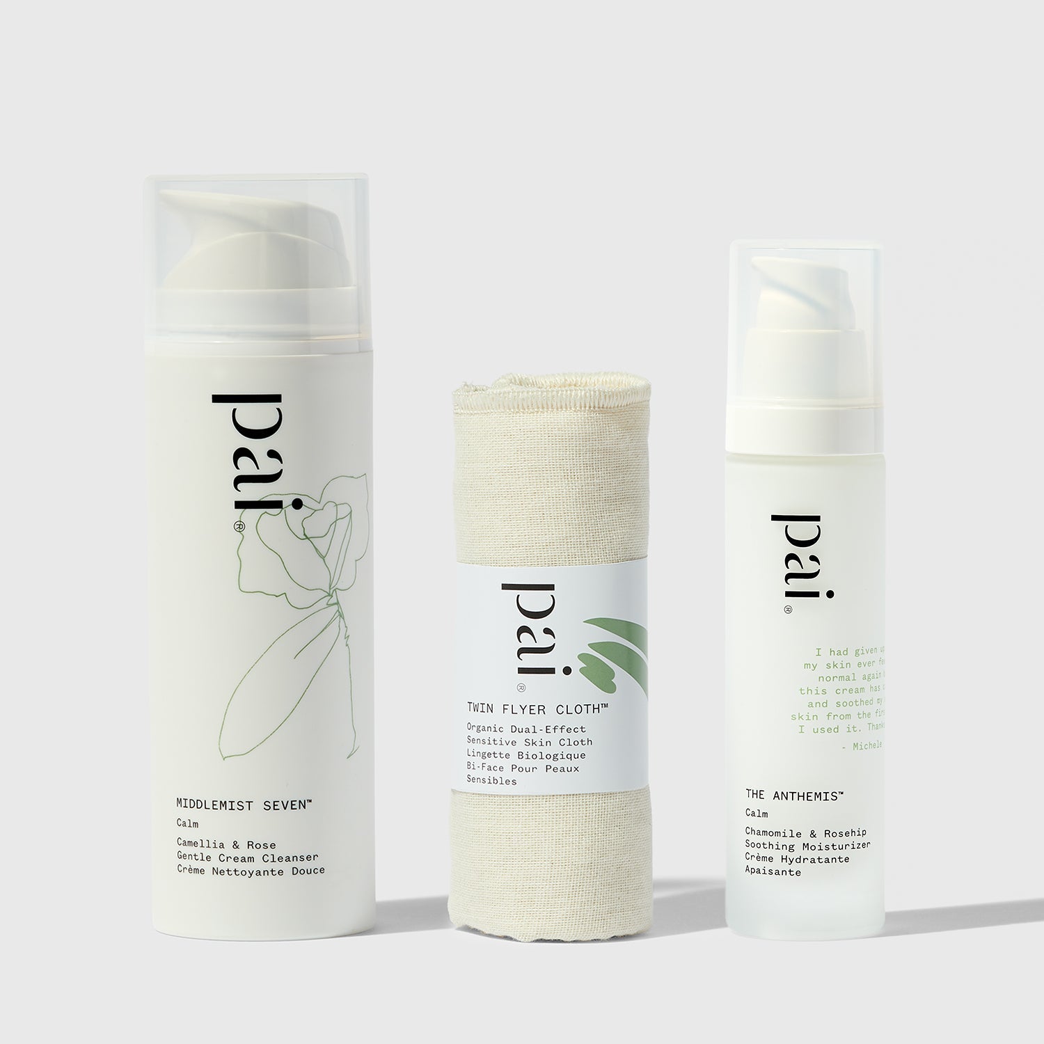 Pai Skincare Cleanse & Calm Bundle featuring Middlemist Seven cleanser, Twin Flyer Cloth, and The Anthemis moisturizer on white background
