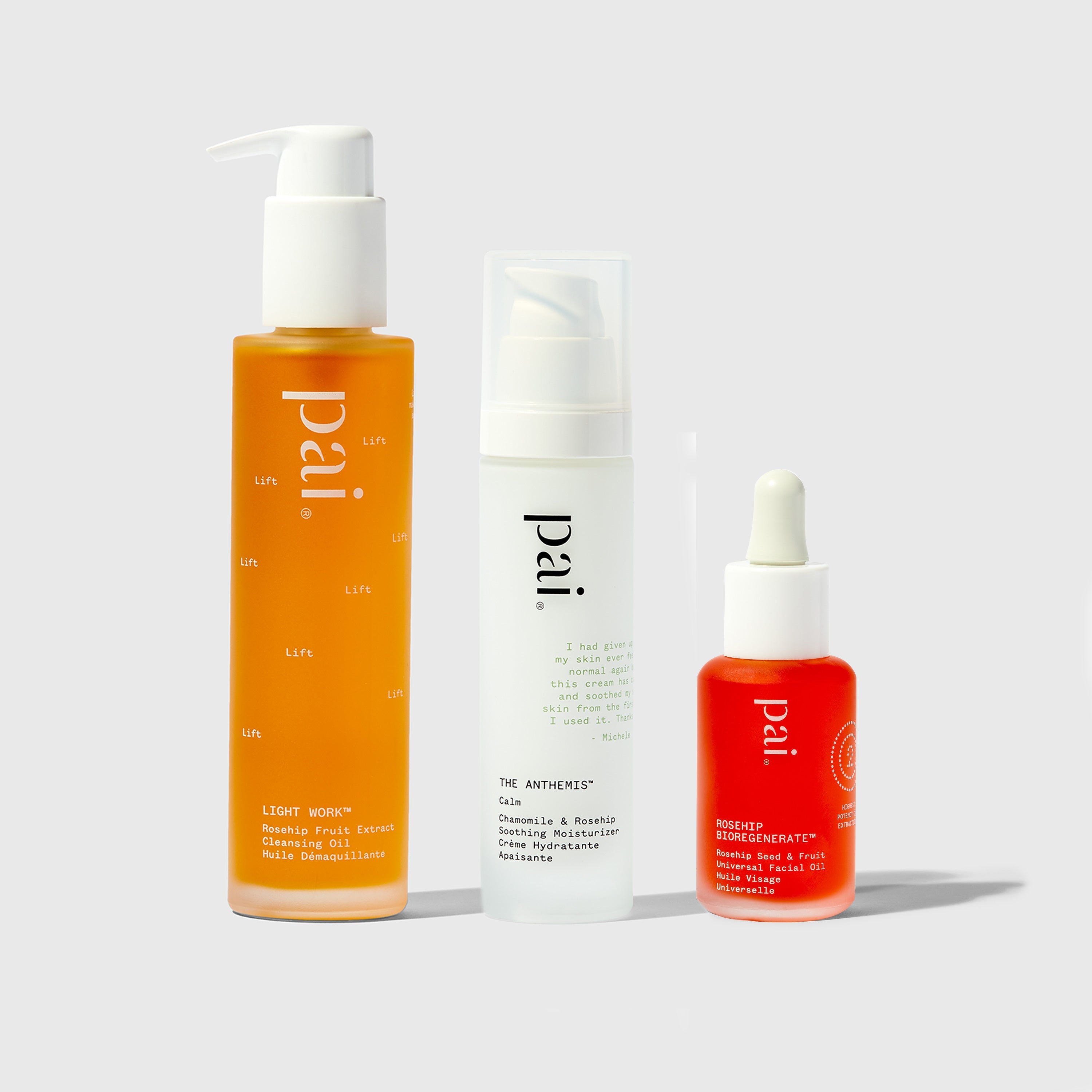 Pai Skincare Rosehip Reset Bundle featuring three products: Light Work cleansing oil, The Anthemis moisturizer, and Rosehip BioRegenerate face oil arranged on clean white background